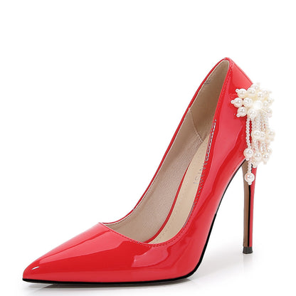 Ladies Pointed Toe Shallow Pearls Stiletto Heel Pumps