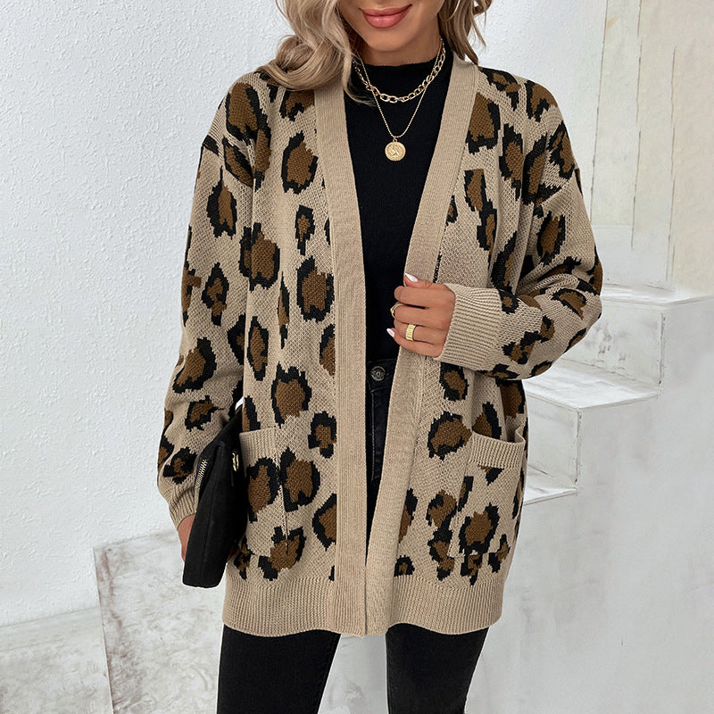 Cardigans Kniting Leopard Patterns Long Sleeves Pockets for Women