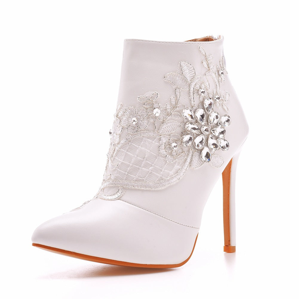 Women Stiletto Heel Pointed Toe Lace Rhinestone Wedding Short Boots