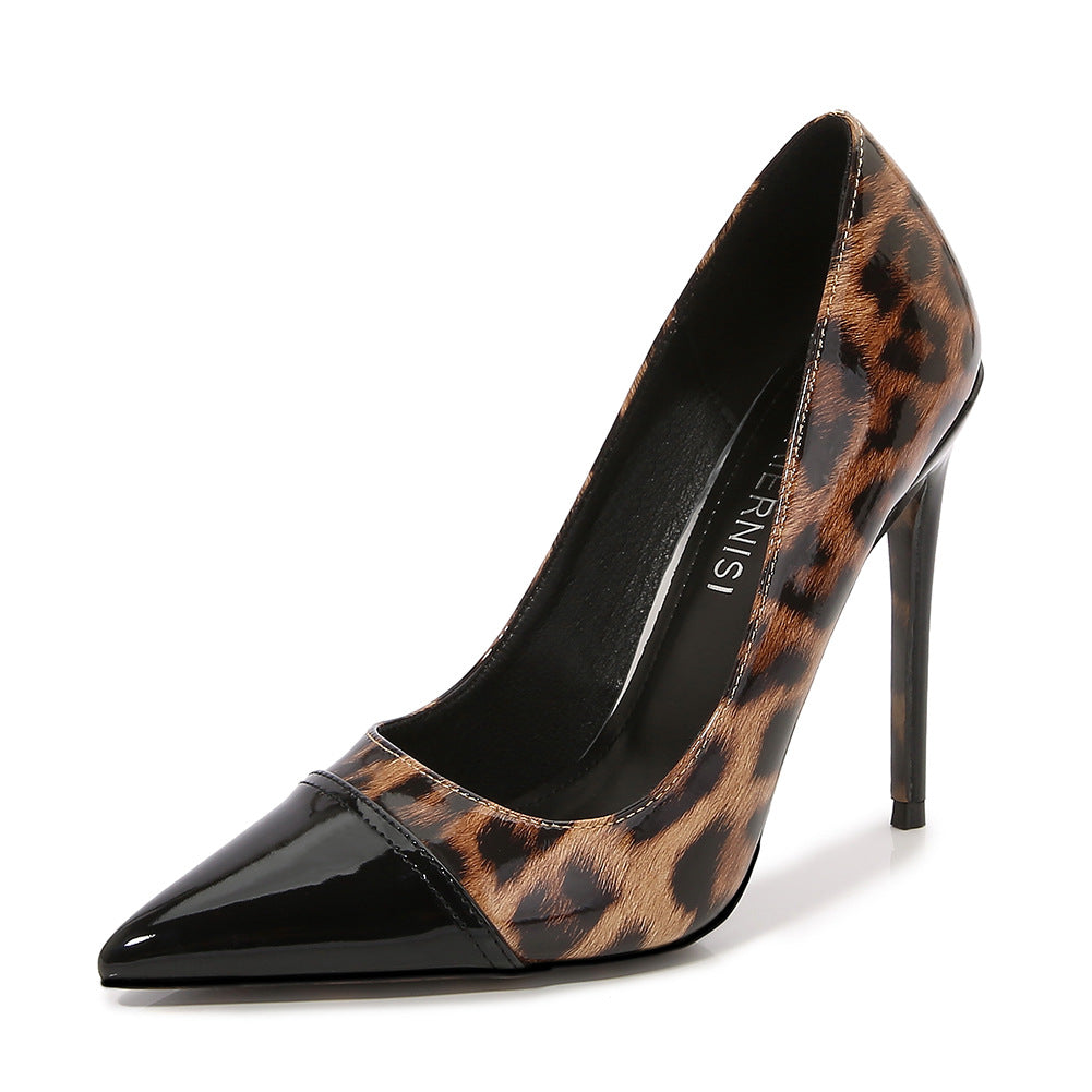 Ladies Bicolor Pointed Toe Leopard Print Shallow Stiletto Heel Pumps