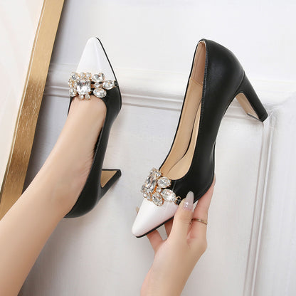 Ladies Bicolor Pointed Toe Rhinestone Shallow Chunky Heel Pumps