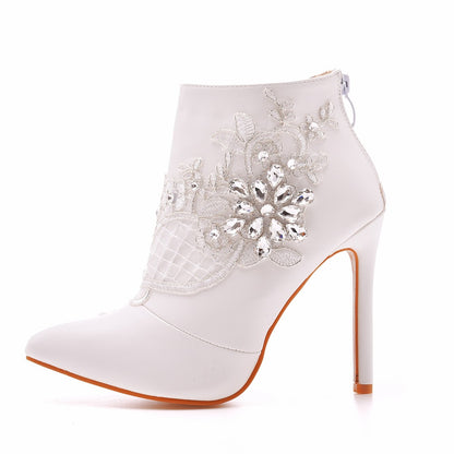 Women Stiletto Heel Pointed Toe Lace Rhinestone Wedding Short Boots