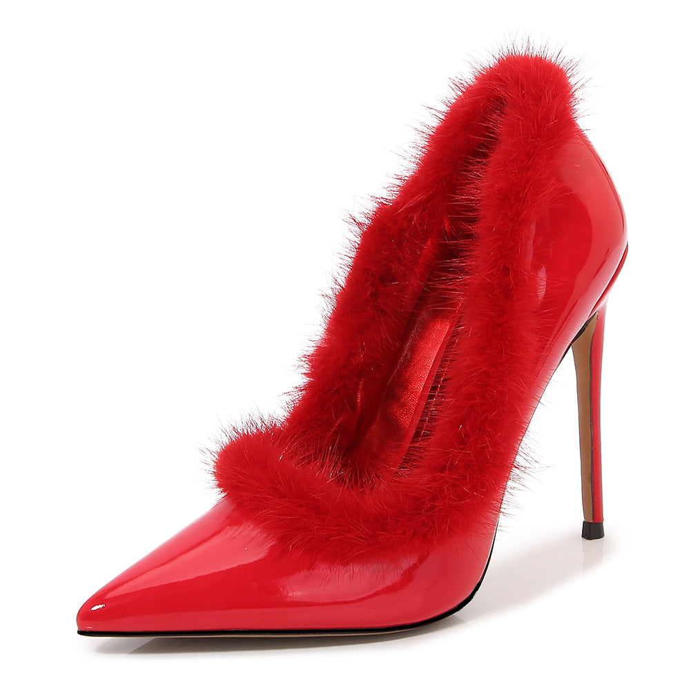 Ladies Pointed Toe Furry Shallow Stiletto Heel Pumps