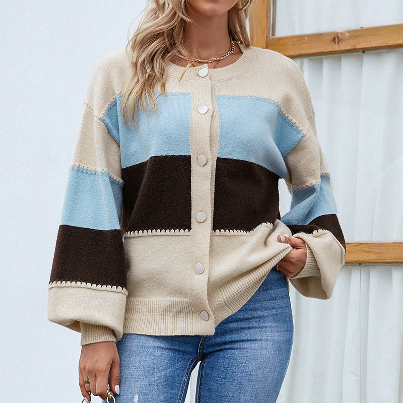 Cardigans Kniting Bicolor Color Blocking Buttons Lantern Sleeves for Women