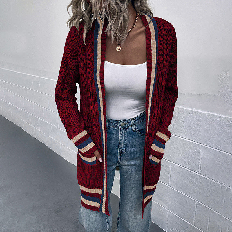 Cardigans Kniting Bicolor Stripes Pockets Long Sleeves for Women