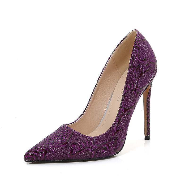 Ladies Embossed Pointed Toe Shallow Stiletto Heel Pumps