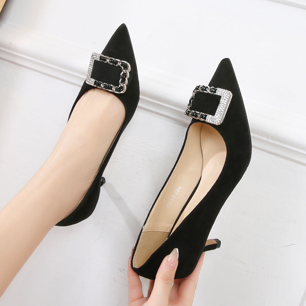 Ladies Pointed Toe Rhinestone Square Buckles Shallow Stiletto Heel Pumps