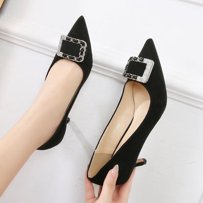 Ladies Pointed Toe Rhinestone Square Buckles Shallow Stiletto Heel Pumps