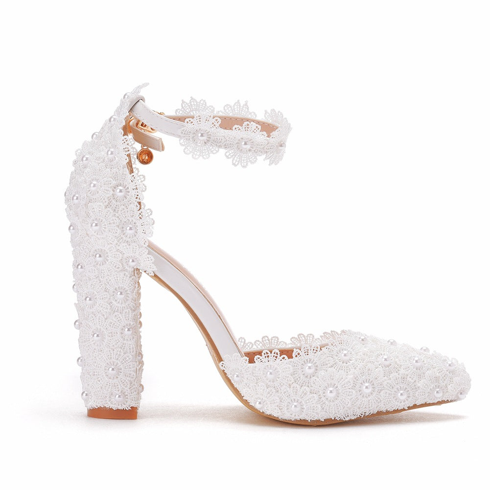 Women Lace Pointed Toe Block Heel Wedding Sandals