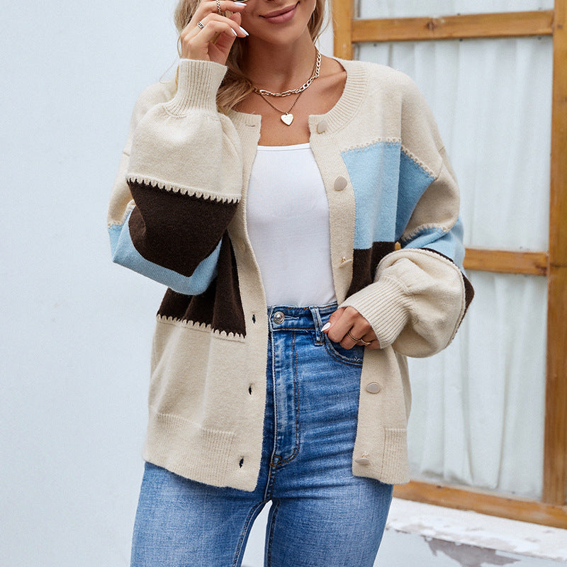 Cardigans Kniting Bicolor Color Blocking Buttons Lantern Sleeves for Women