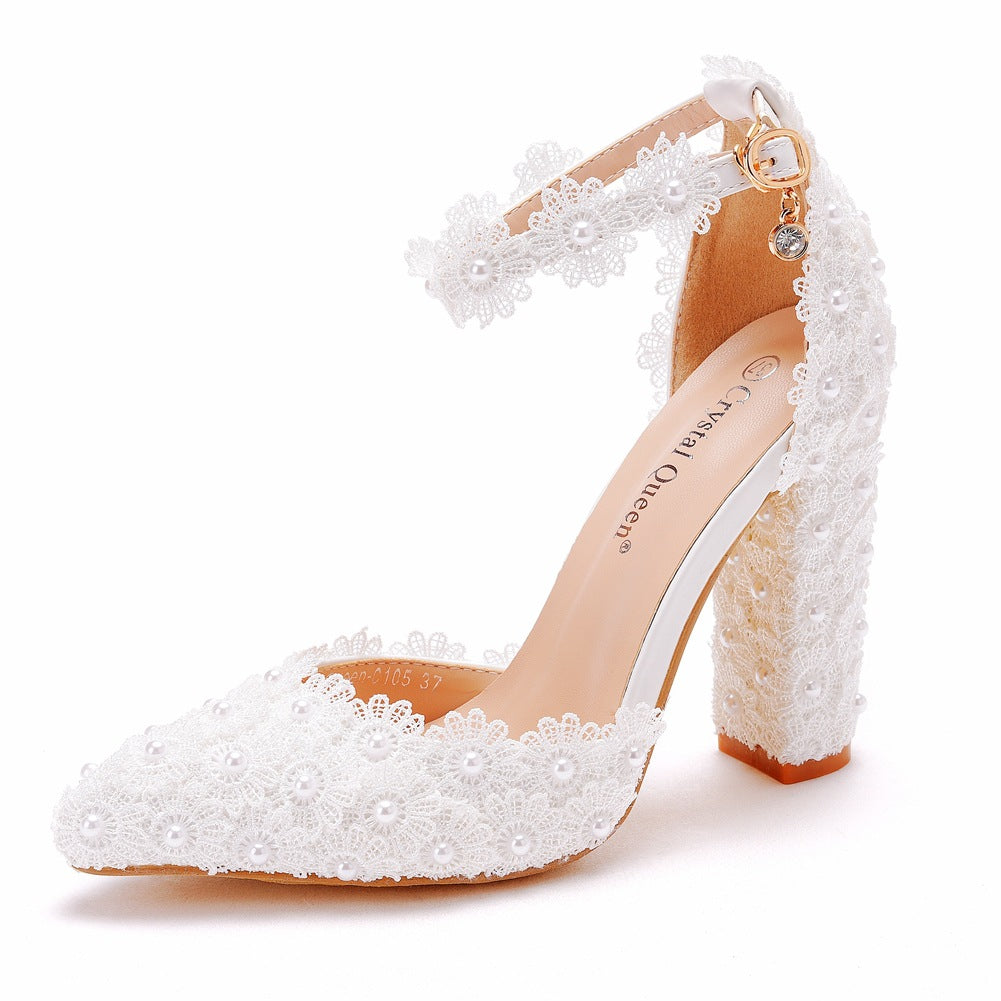 Women Lace Pointed Toe Block Heel Wedding Sandals