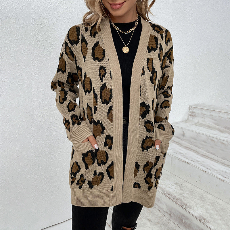 Cardigans Kniting Leopard Patterns Long Sleeves Pockets for Women