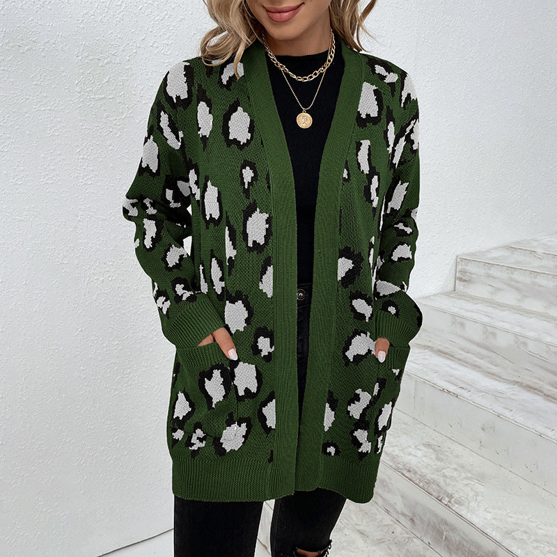 Cardigans Kniting Leopard Patterns Long Sleeves Pockets for Women
