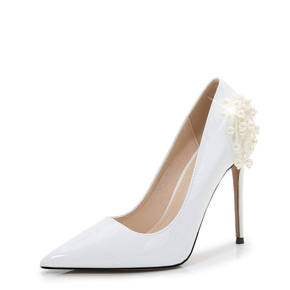 Ladies Pointed Toe Shallow Pearls Stiletto Heel Pumps