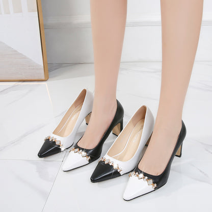 Ladies Rhinestone Bicolor Pointed Toe Shallow Chunky Heel Pumps