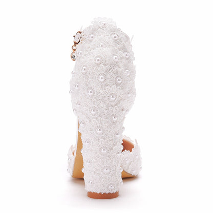 Women Lace Pointed Toe Block Heel Wedding Sandals