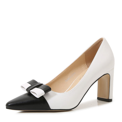 Ladies Bicolor Bow Tie Pointed Toe Shallow Chunky Heel Pumps