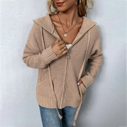 Cardigans Kniting Plain Hoods Zippers Drawstring Pockets for Women