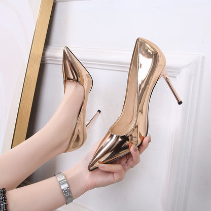 Ladies Glittery Patent Pointed Toe Shallow Stiletto Heel Pumps