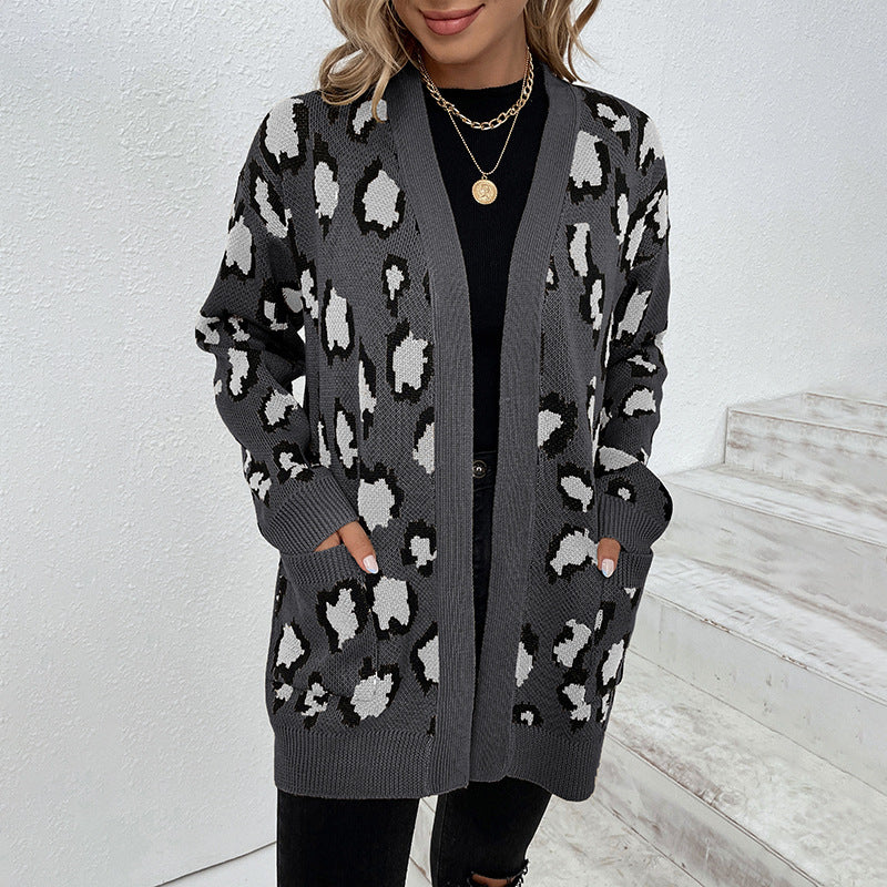 Cardigans Kniting Leopard Patterns Long Sleeves Pockets for Women