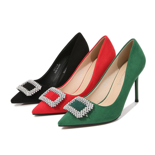 Ladies Pointed Toe Rhinestone Square Buckles Shallow Stiletto Heel Pumps