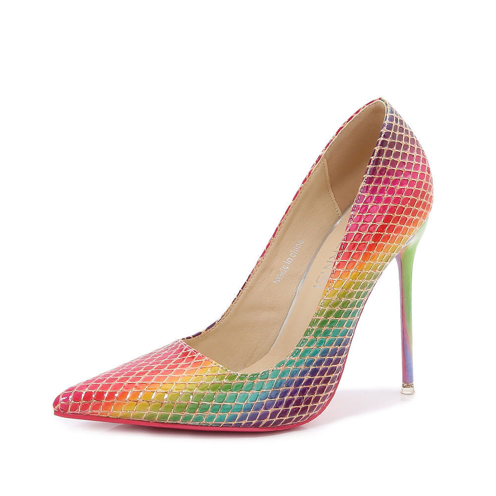 Ladies Candy Color Pointed Toe Lattice Shallow Stiletto Heel Pumps