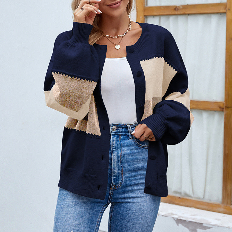 Cardigans Kniting Bicolor Color Blocking Buttons Lantern Sleeves for Women