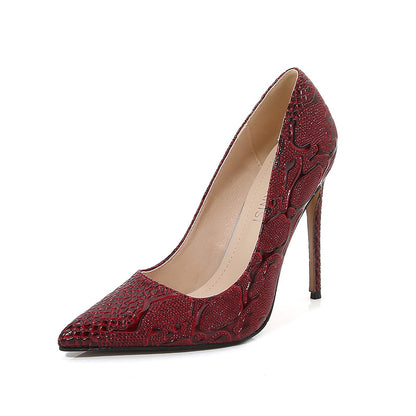 Ladies Embossed Pointed Toe Shallow Stiletto Heel Pumps