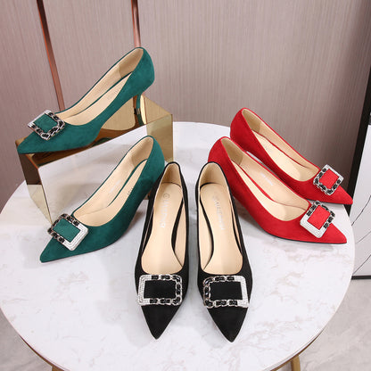 Ladies Pointed Toe Rhinestone Square Buckles Shallow Stiletto Heel Pumps