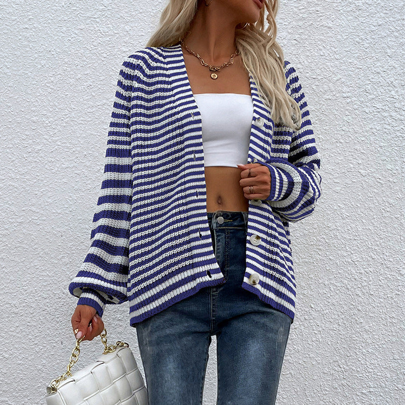 Cardigans Kniting Buttons Bicolor Stripes Long Sleeves for Women