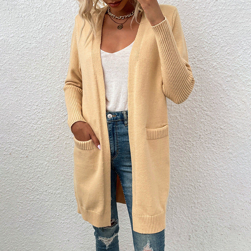 Cardigans Kniting Plain Long Sleeves Pockets for Women