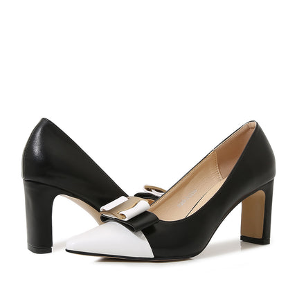 Ladies Bicolor Pointed Toe Bow Tie Shallow Chunky Heel Pumps