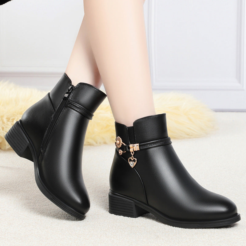 Ankle Boots Zippers Warm Fluff Block Chunky Heel Booties for Women