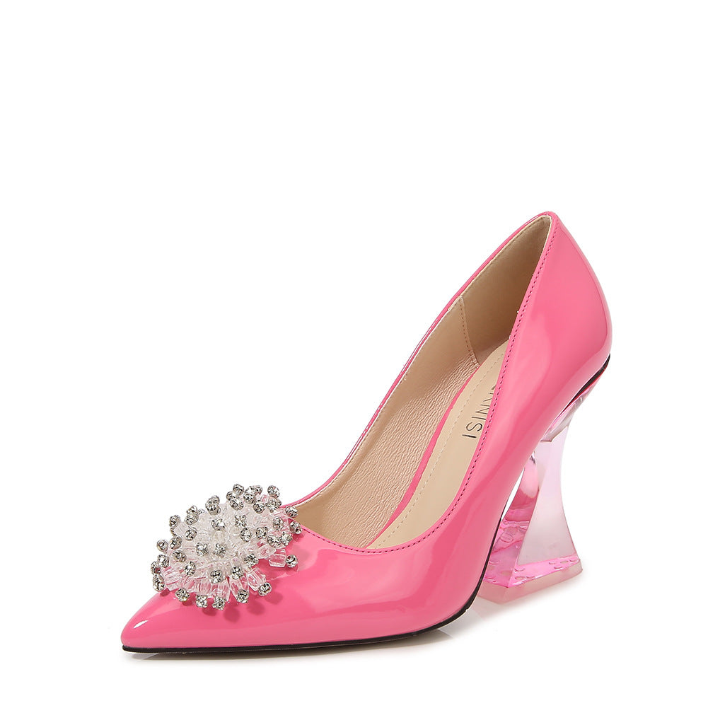 Ladies Candy Color Pointed Toe Rhinestone Flora Shallow Crystal Spool Heel Pumps