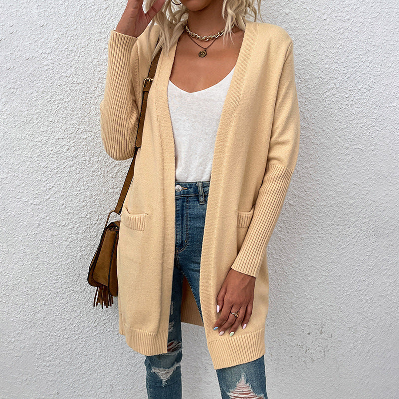 Cardigans Kniting Plain Long Sleeves Pockets for Women