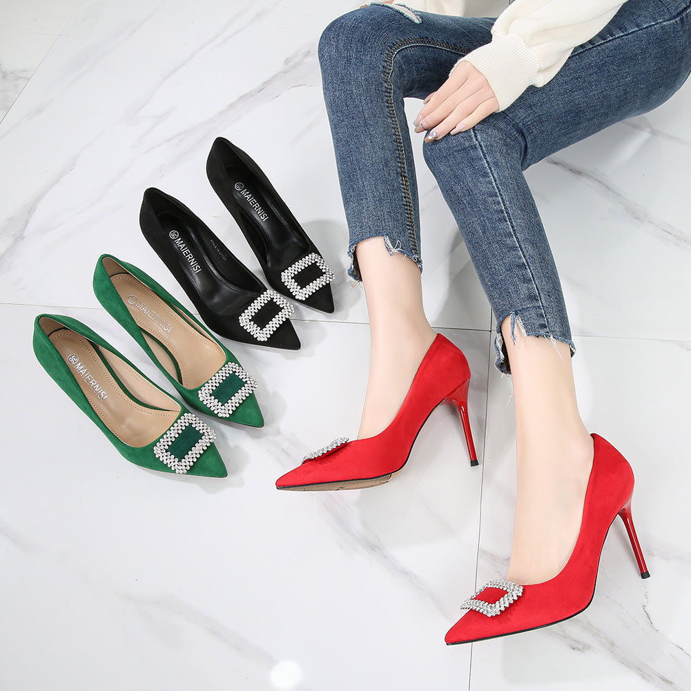 Ladies Pointed Toe Rhinestone Square Buckles Shallow Stiletto Heel Pumps