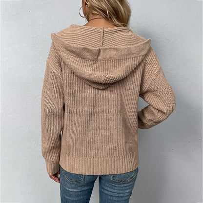 Cardigans Kniting Plain Hoods Zippers Drawstring Pockets for Women