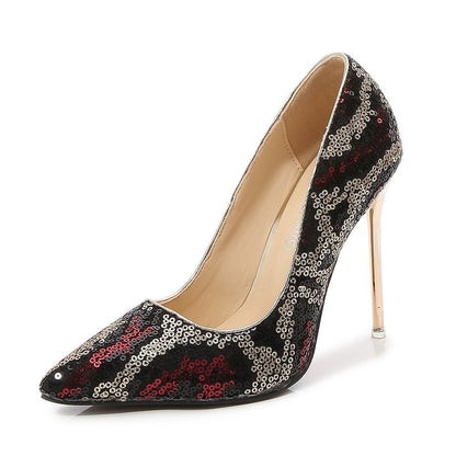 Ladies Sequins Pointed Toe Shallow Stiletto Heel Pumps