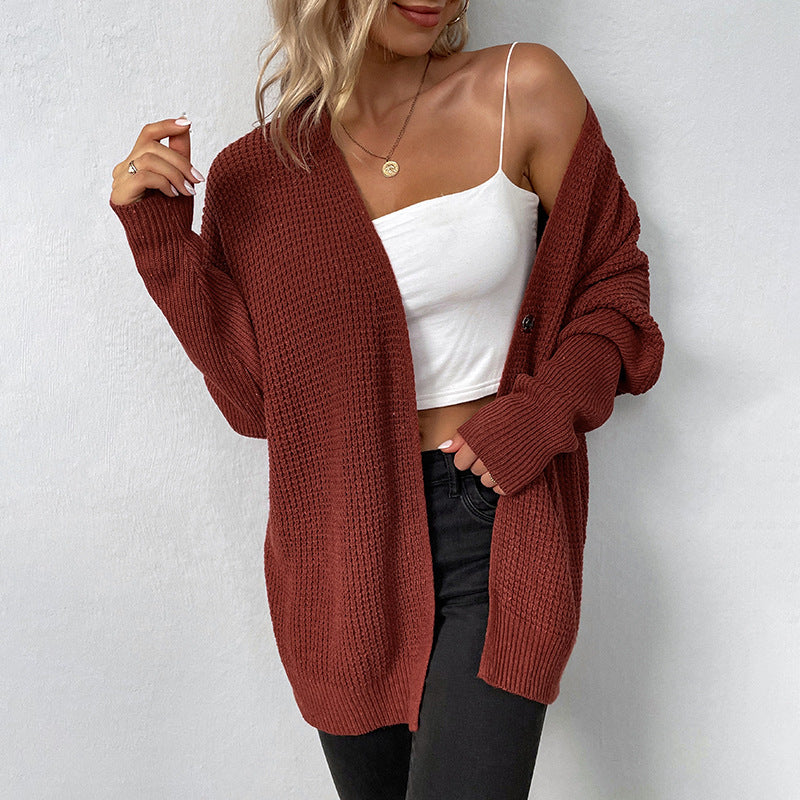 Cardigans Kniting Plain Bat Sleeves Button for Women