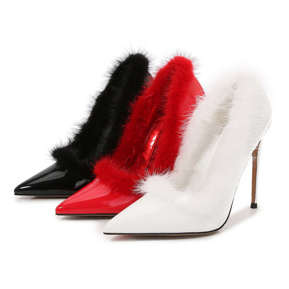 Ladies Pointed Toe Furry Shallow Stiletto Heel Pumps