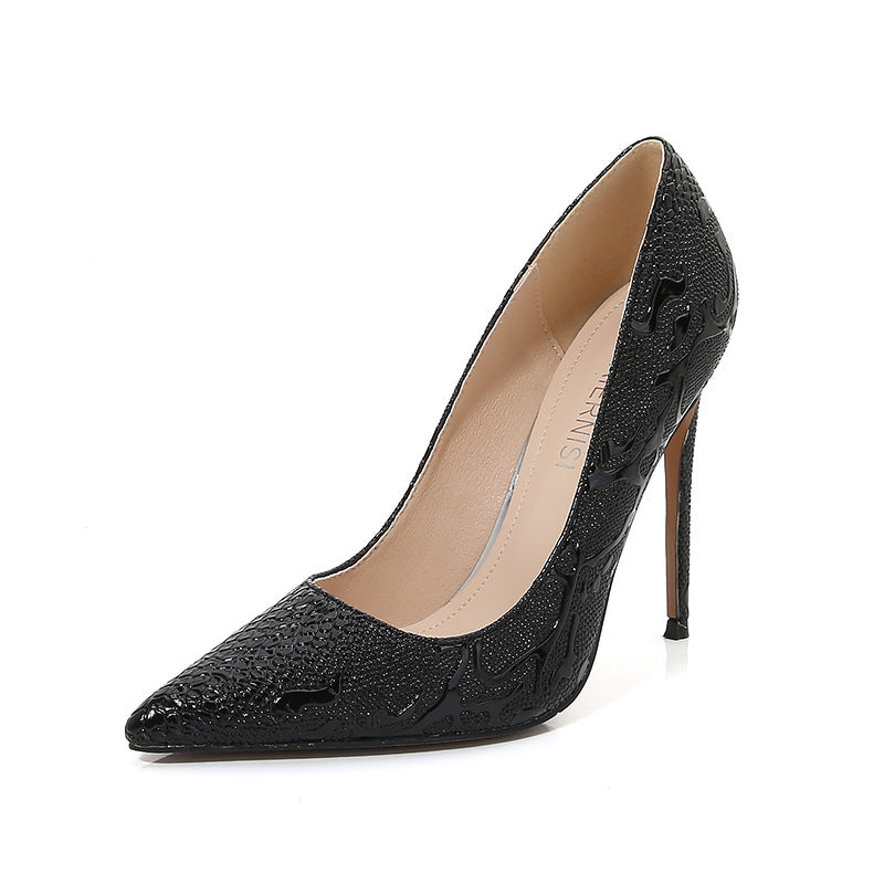 Ladies Embossed Pointed Toe Shallow Stiletto Heel Pumps