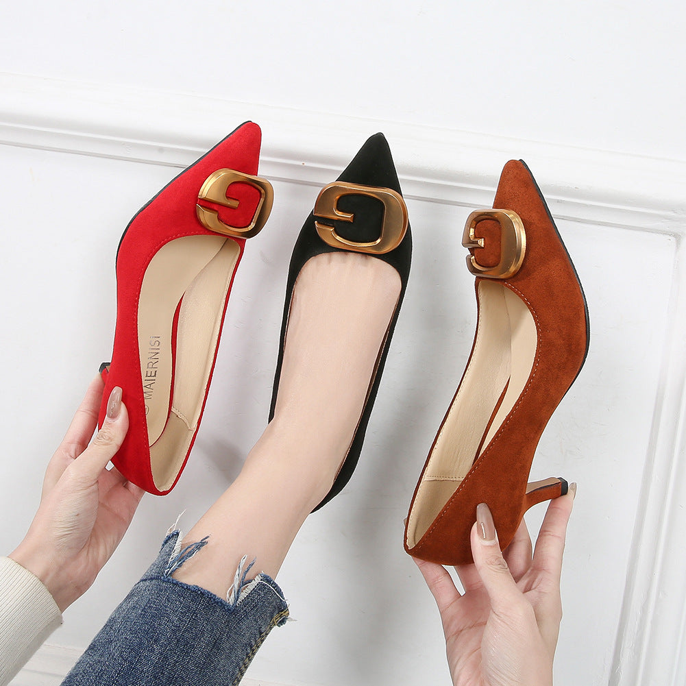 Ladies Pointed Toe Square Buckles Shallow Kitten Heel Pumps