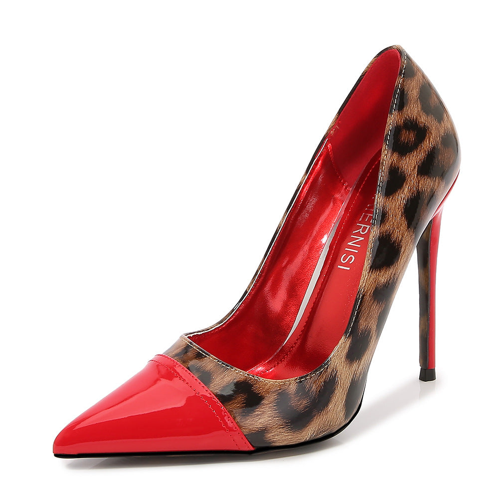 Ladies Bicolor Pointed Toe Leopard Print Shallow Stiletto Heel Pumps