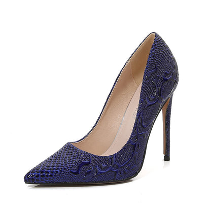 Ladies Embossed Pointed Toe Shallow Stiletto Heel Pumps