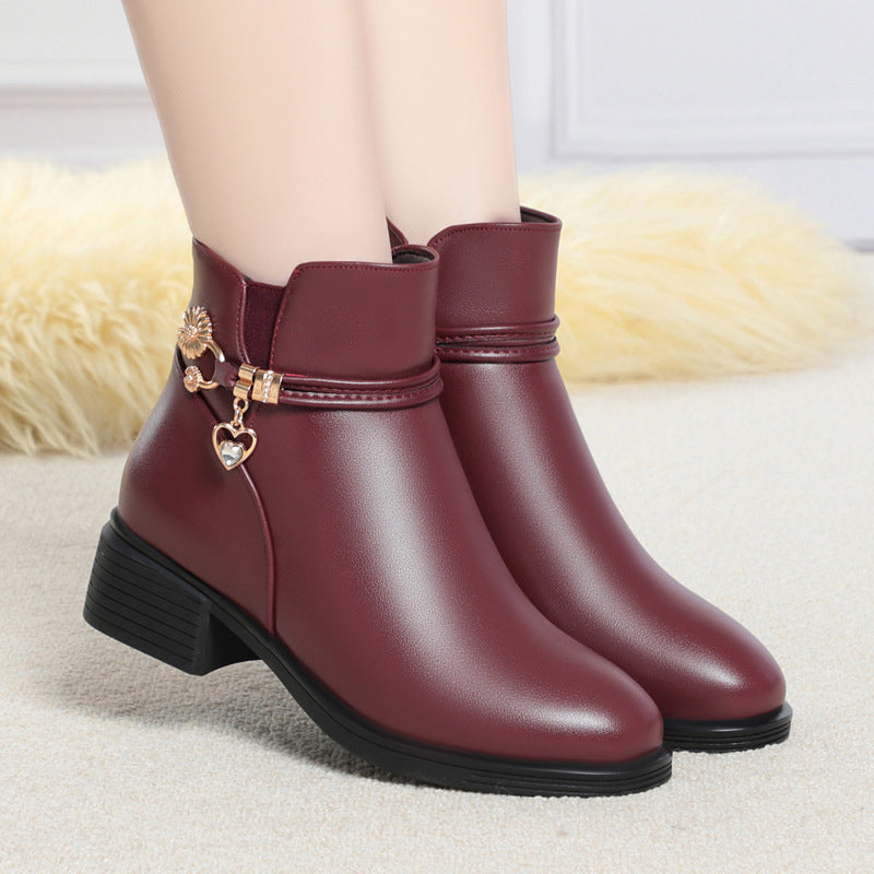 Ankle Boots Zippers Warm Fluff Block Chunky Heel Booties for Women