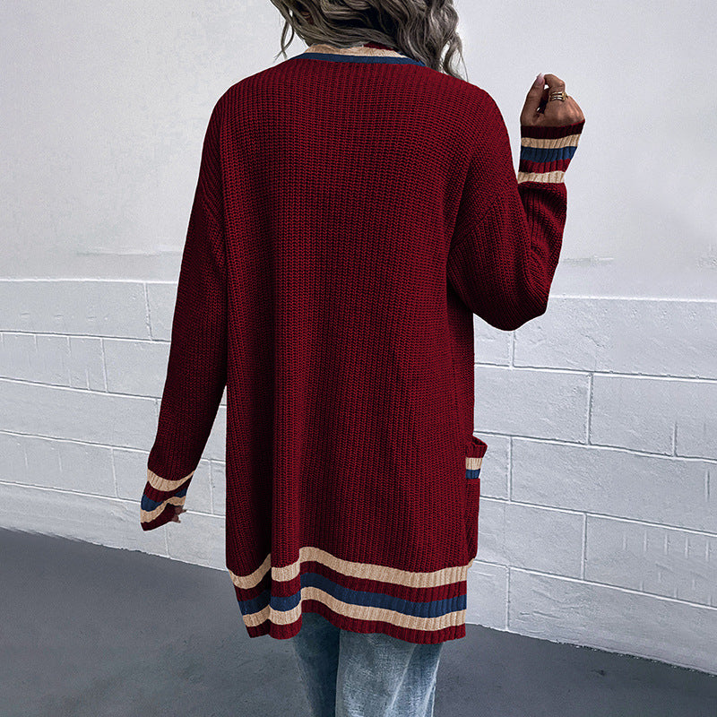 Cardigans Kniting Bicolor Stripes Pockets Long Sleeves for Women