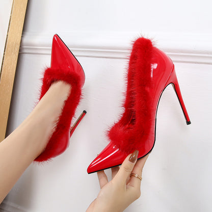 Ladies Pointed Toe Furry Shallow Stiletto Heel Pumps