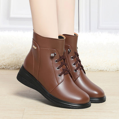 Ankle Boots Lace-Up Warm Fluff Wedge Heel Booties for Women