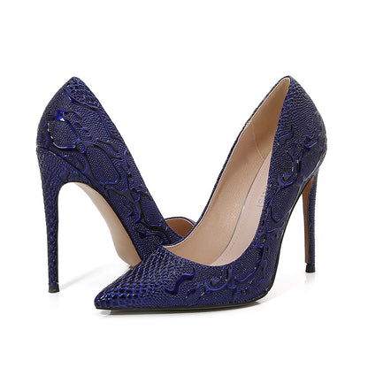 Ladies Embossed Pointed Toe Shallow Stiletto Heel Pumps