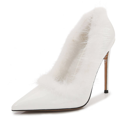 Ladies Pointed Toe Furry Shallow Stiletto Heel Pumps